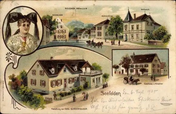 Litho Seefelden Buggingen Markgräflerland, Gasthaus z. Hirschen, Rathaus, z. Schwanen, Geschäftshaus