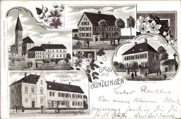 Litho Gündlingen Breisach am Oberrhein, Kirche, Schule, Rathaus, Gasthaus zum Rebstock, Zur Sonne