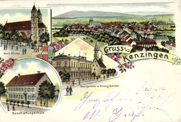 Litho Kenzingen im Breisgau Baden, Kath. Kirche, Haushaltungsschule, Amtsgericht, Ev. Kirche