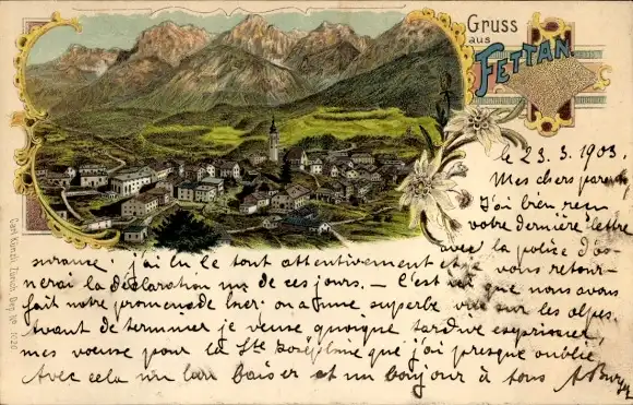 Litho Fettan Fetan Ftan Kt. Graubünden Schweiz, Gesamtansicht, Edelweiß