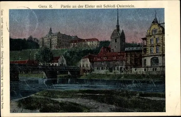 Luna Ak Untermhaus Gera in Thüringen, Schloss Osterstein, Elster, Brücke, Kirche