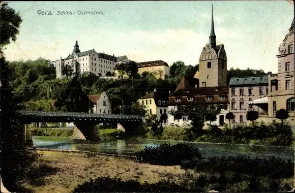 Ak Untermhaus Gera in Thüringen, Schloss Osterstein, Elster, Brücke, Kirche