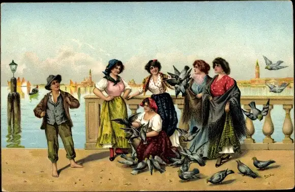 Künstler Ak Venezia Venedig Veneto, Frauen in Trachten, Tauben
