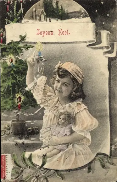 Ak Glückwunsch Weihnachten, Tannenbaum, Mädchen mit Puppe