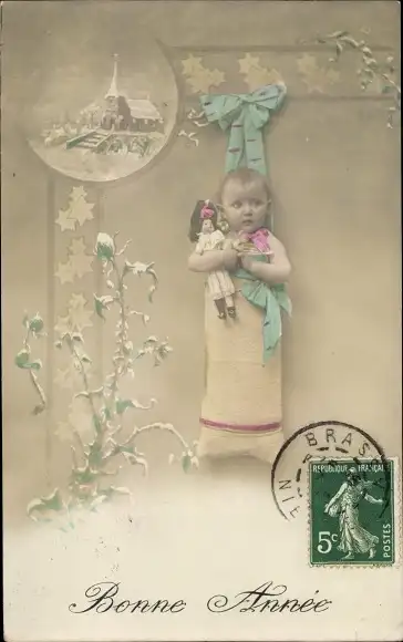 Ak Glückwunsch Neujahr, Baby mit Puppe im Arm