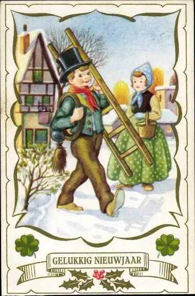 Ak Glückwunsch Neujahr, Schornsteinfeger im Schnee