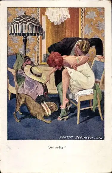 Künstler Ak Sedlacek, Robert, Sei artig, rothaarige Frau im Unterkleid, Mann, Hund