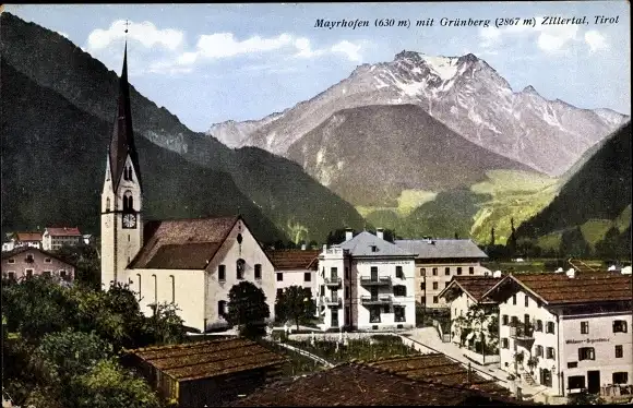 Ak Mayrhofen im Zillertal Tirol, Teilansicht mit Grünberg, Kirche