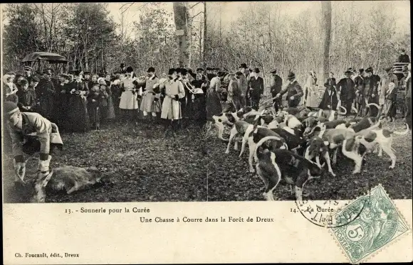 Ak Jagd im Wald von Dreux, Jagdgesellschaft, Hundemeute