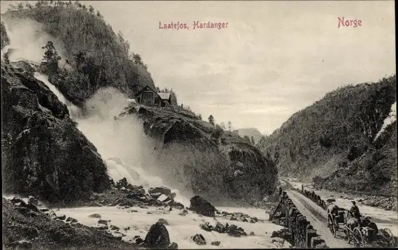 Ak Hardanger Norwegen, Laatefos, Kutsche, Brücke