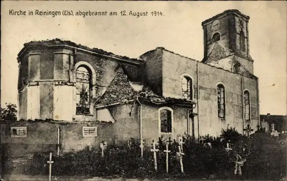 Ak Reiningue Reiningen Elsass Haut Rhin, Abgebrannte Kirche