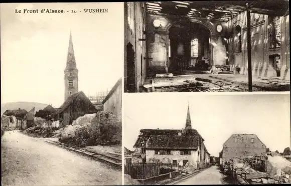 Ak Wuenheim Wünheim Elsass Haut Rhin, Straßenpartie, Kirche, Kriegszerstörungen I. WK
