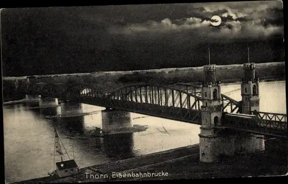 Mondschein Ak Toruń Thorn Westpreußen, Eisenbahnbrücke
