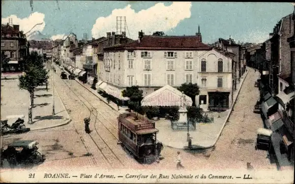 Ak Roanne Loire, Place d’Armes, Kreuzung Rues Nationale und Commerce