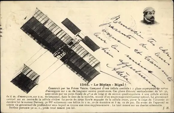 Ak Doppeldecker Rigal, Flugpionier, Pilot