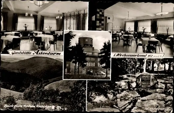 Ak Winterberg im Sauerland, hoher Knochen, Gaststätte Astenturm, Innenansicht, Lennequelle