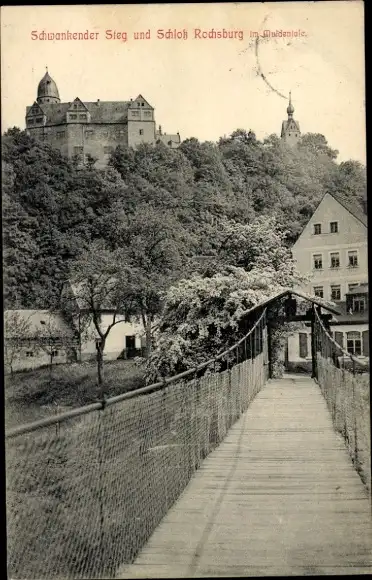 Ak Rochsburg Lunzenau in Sachsen, Schloss Rochsburg, schwankender Steg, Muldental