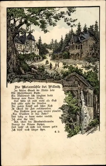 Ak Dresden Pillnitz, Meixmühle im Friedrichsgrund, Gedicht