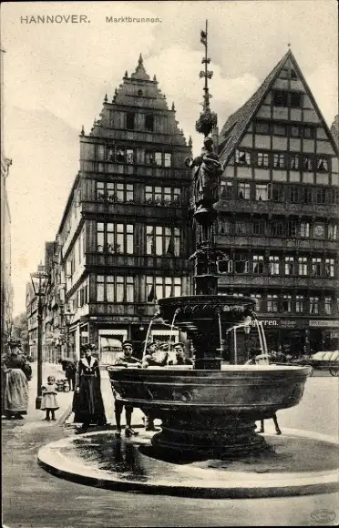 Ak Hannover in Niedersachsen, Marktbrunnen, Giebelhäuser