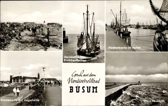 Ak Nordseebad Büsum, Strand, Fischerboote im Hafen, Promenade, Liegehalle, Mole im Sturm