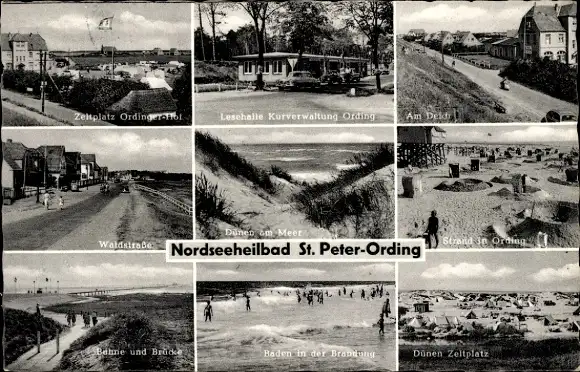 Ak Nordseebad Sankt Peter Ording, Lesehalle Kurverwaltung, Zeltplatz Ordinger Hof, Deich, Waldstraße