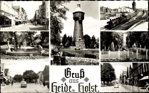 Ak Heide in Holstein, Teilansichten, Wasserturm, Brunnen, Bahnhof