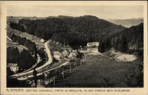 Ak Altensteig im Schwarzwald Württemberg, Gesamtansicht, Straße nach Heselbronn