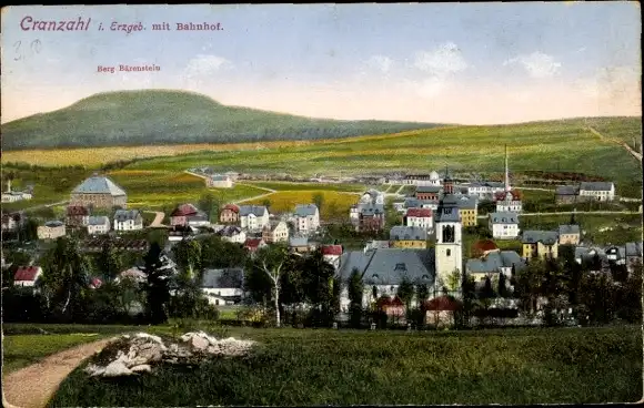 Ak Sehmatal Cranzahl im Erzgebirge, Berg Bärenstein, Bahnhof, Panorama vom Ort
