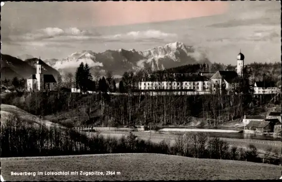 Ak Beuerberg im Loisachtal Eurasburg Oberbayern, Teilansicht, Kirchtürme, Zugspitze