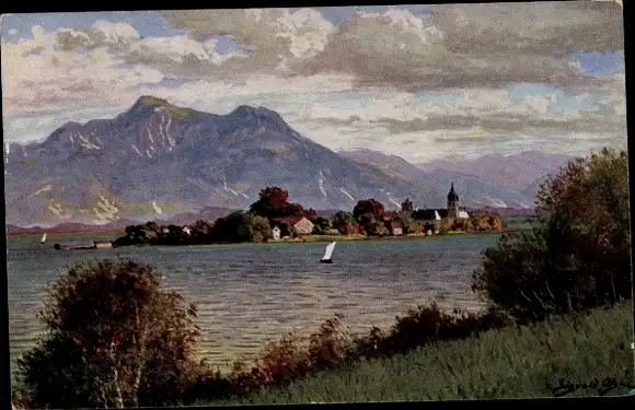 Künstler Ak Gemeinde Chiemsee, Blick auf die Fraueninsel, Gebirge