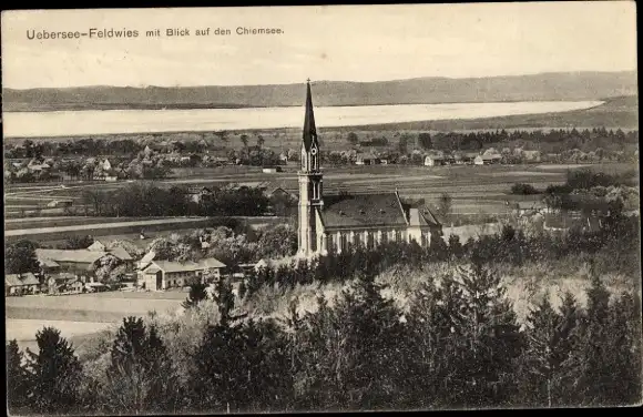 Ak Feldwies Übersee am Chiemsee, Teilansicht, Kirche