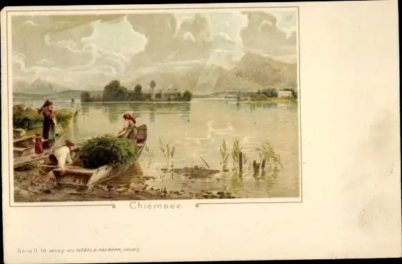 Künstler Litho Gemeinde Chiemsee Oberbayern, Boote, Landschaftspanorama