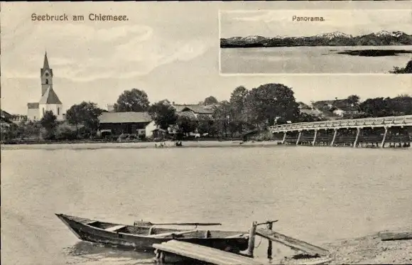 Ak Seebruck am Chiemsee Oberbayern, Teilansicht, Brücke, Kirche, Anleger, Boot, Panorama