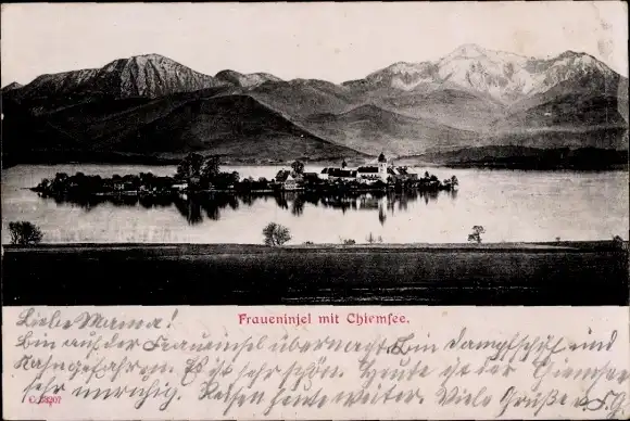 Ak Fraueninsel Chiemsee Oberbayern, Totalansicht, Gebirge