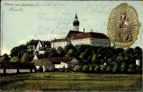 Präge Ak Andechs in Oberbayern, Muttergottes, Blick zum Kloster