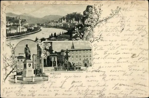 Ak Salzburg in Österreich, Teilansicht, Brunnen, Denkmal