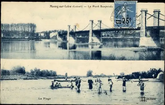 Ak Meung sur Loire Loiret, Strand, Hängebrücke