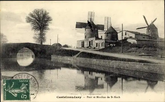 Ak Castelnaudary Aude, Brücke, Windmühlen St-Roch