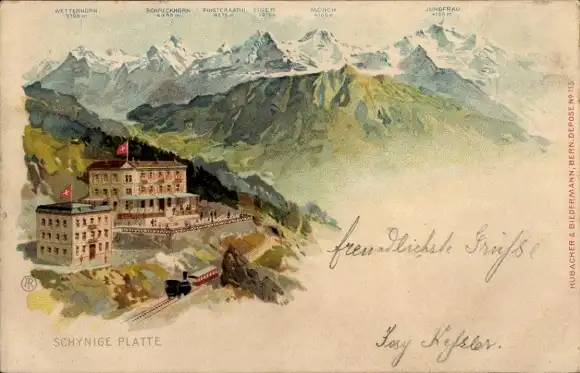 Künstler Litho Schynige Platte Kanton Bern, Gesamtansicht, Wetterhorn, Eiger, Mönch, Jungfrau