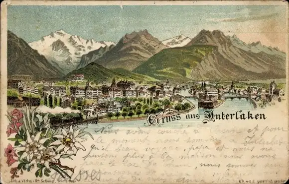Litho Interlaken Kanton Bern Schweiz, Gesamtansicht, Edelweiß