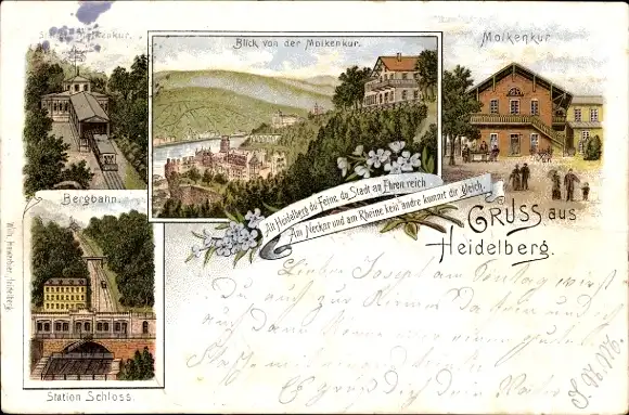 Litho Heidelberg am Neckar, Molkenkur, Station Schloss, Bergbahn