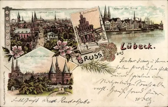 Litho Hansestadt Lübeck, Hafen, Holstentor, Schifferhaus