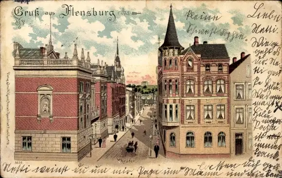 Litho Flensburg in Schleswig Holstein, Theater, Straßenpartie