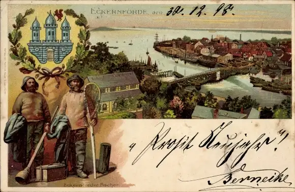 Wappen Litho Ostseebad Eckernförde, Stadtansicht, Fischer