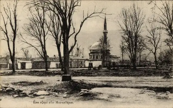 Ak Monastir Bitola Mazedonien, Moschee, Minarett, Feld, Kahle Bäume