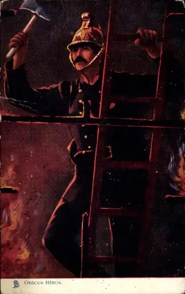 Künstler Ak Feuerwehrmann auf einer Leiter, Axt