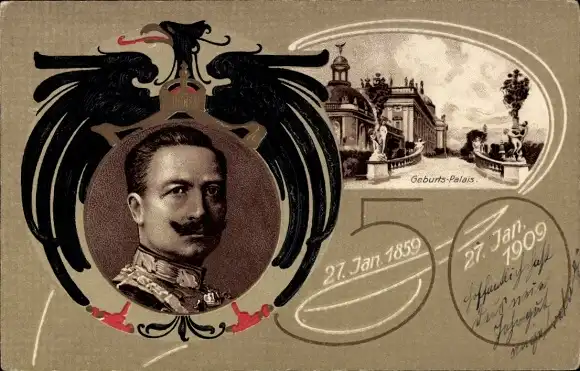 Präge Litho Kaiser Wilhelm II, 50. Geburtstag 1909, Geburtshaus in Berlin, Kronprinzenpalais