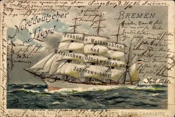 Litho Segelschulschiff Herzogin Sophie Charlotte, Norddeutscher Lloyd Bremen