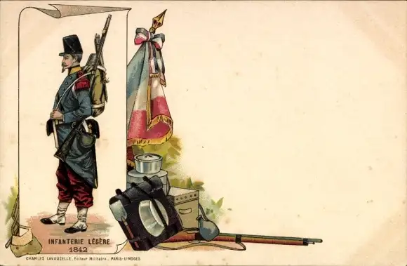 Litho Französischer Soldat, Leichte Infanterie 1842, Ausrüstung