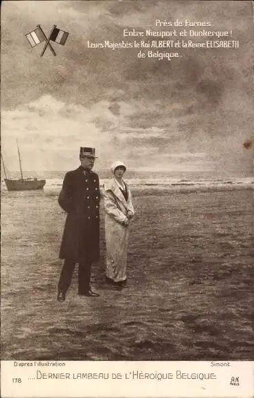 Ak König Albert von Belgien, Königin Elisabeth, am Kriegsschauplatz, Küste bei Furnes